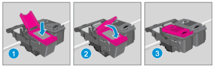 Illustration of the physical installation of a new ink cartridge.
