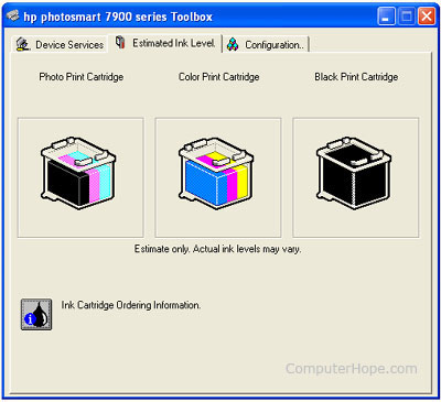 Screenshot of the HP printer software's estimated ink level screen.
