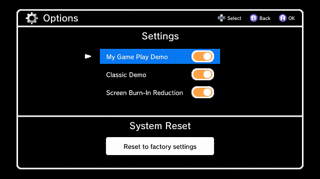 Screenshot of the SNES Classic Edition's options screen