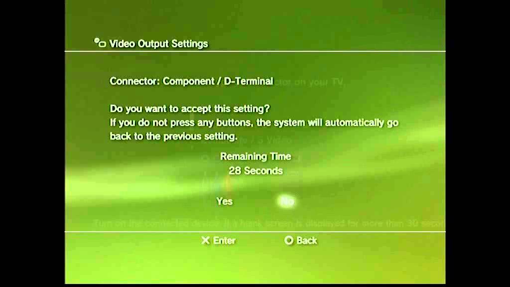 Video Output Settings screen. Confirmation on screen with Yes highlighted. Screenshot.