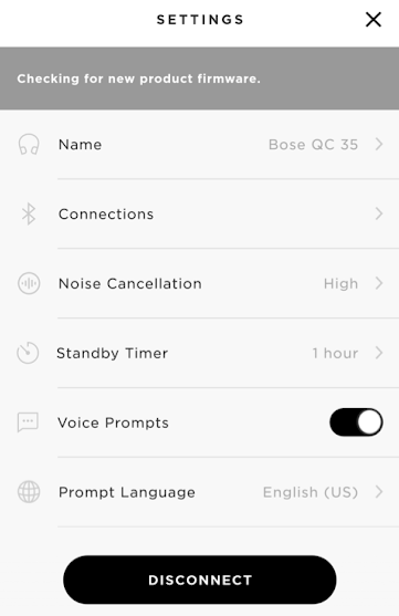 Bose connect app displaying current speaker settings.