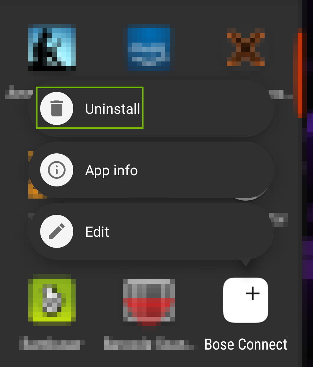 App options menu with the uninstall option highlighted.