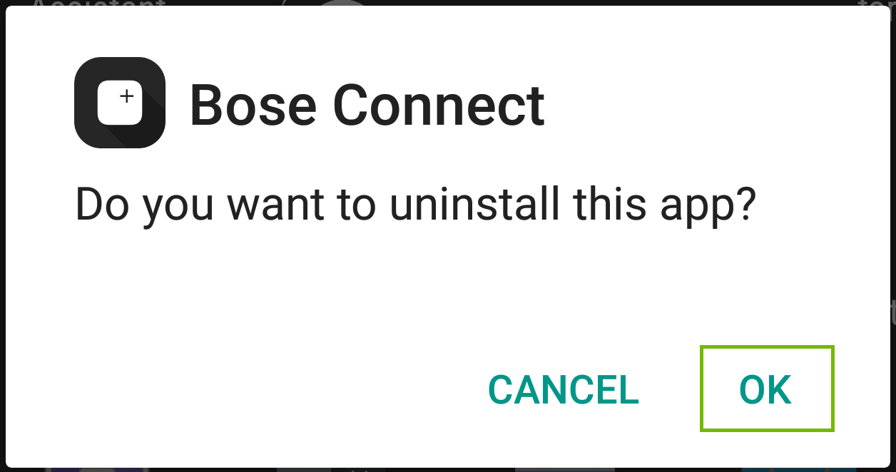 Bose Connect app uninstallation confirmation prompt. OK is highlighted.