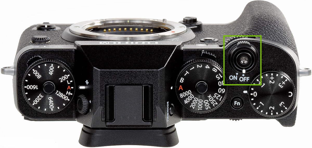 Picture of the top of the camera with on off switch highlighted