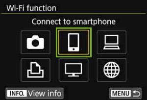 Wi-Fi Function page with Connect to smartphone icon highlighted