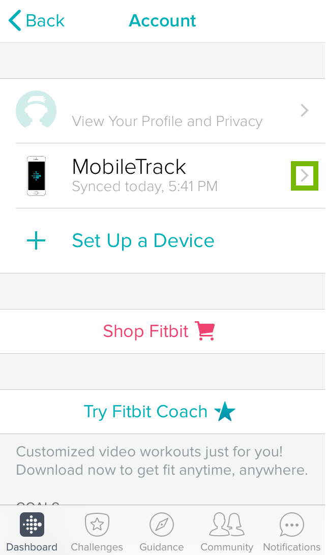 account menu with arrow to right of tracker highlighted