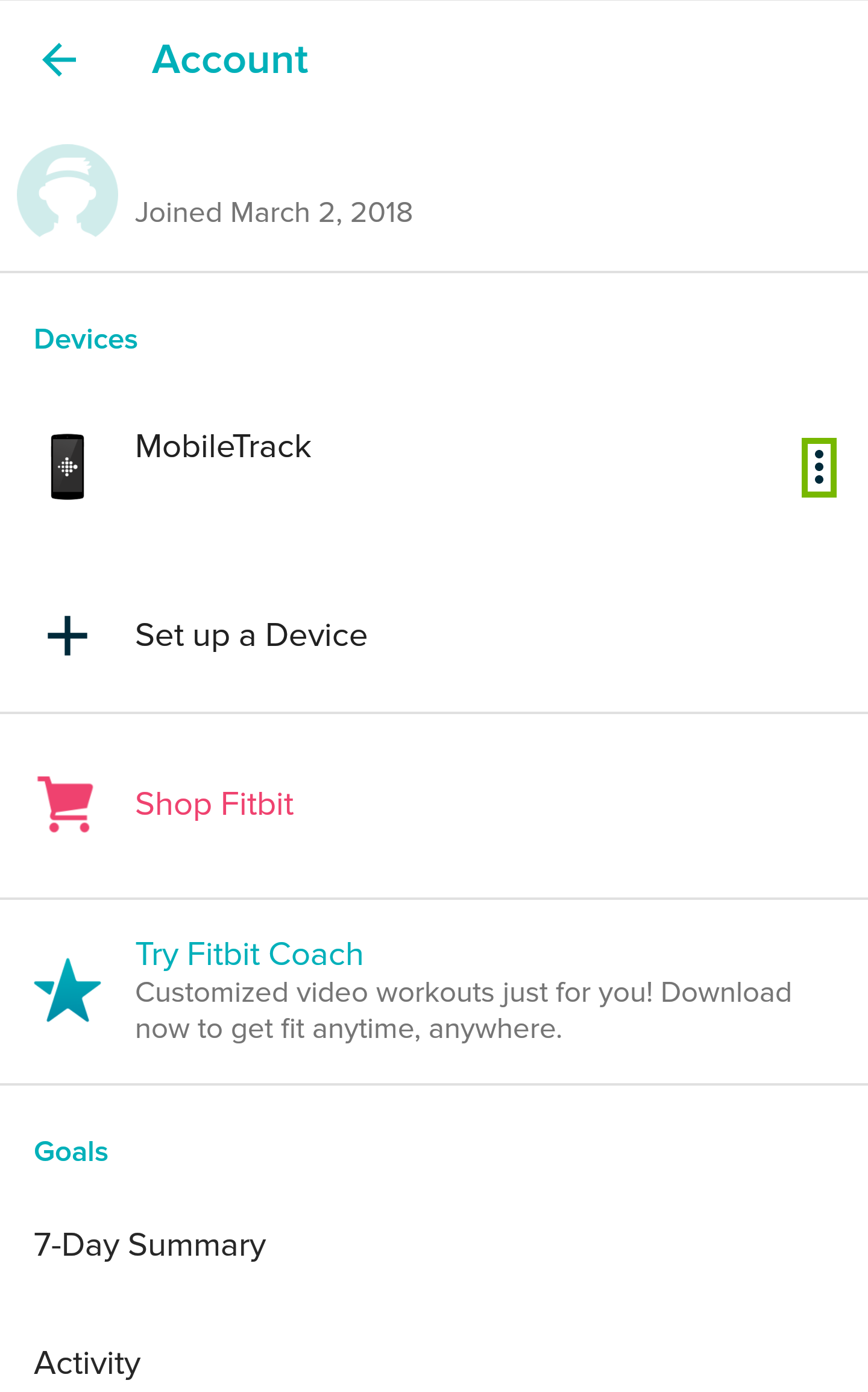 Accounts page with menu button highlighted next to tracker