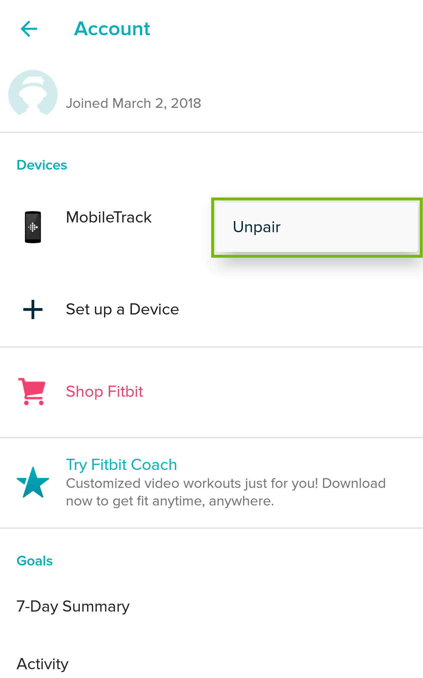 accounts page with menu button open and unpair is highlighted