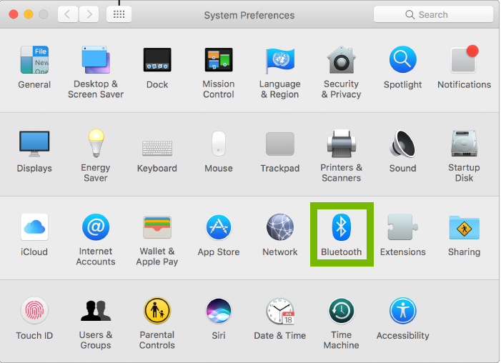 Screenshot of System Preferences with Bluetooth highlighted