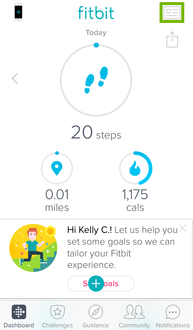 fitbit app home screen with the account icon highlighted
