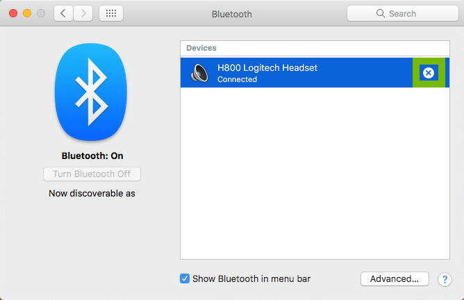 Screenshot of Bluetooth Preferences with x highlighted next to paired Bluetooth device