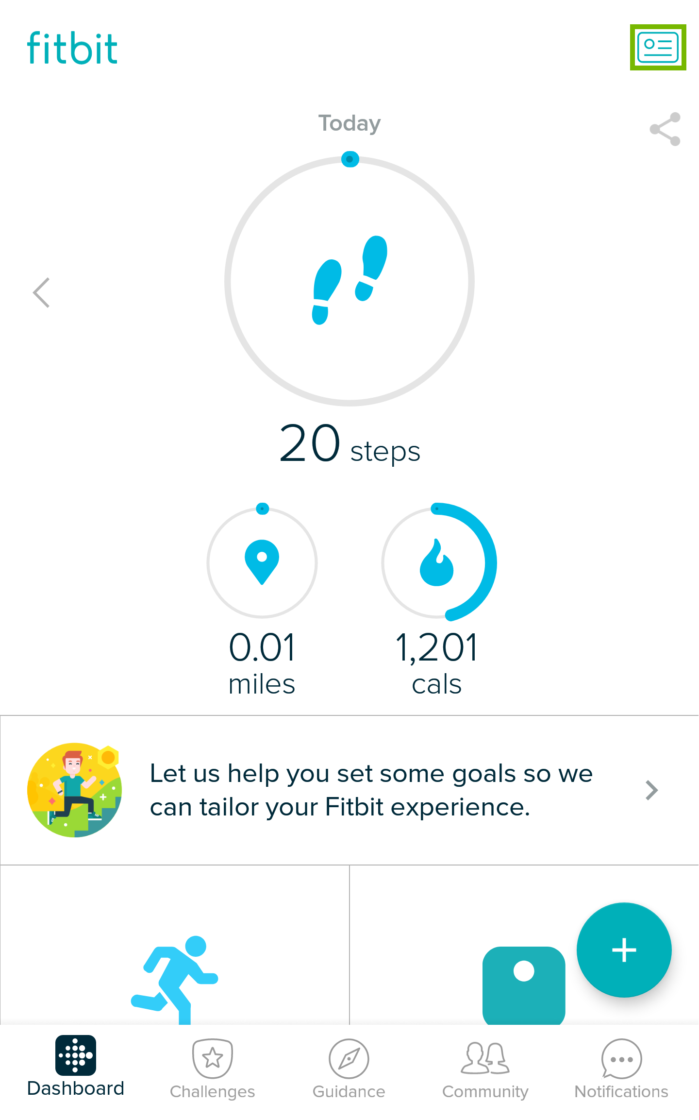 Fitbit home page with account icon highlighted