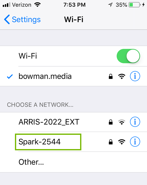 Wi-Fi list with Spark highlighted. Screenshot