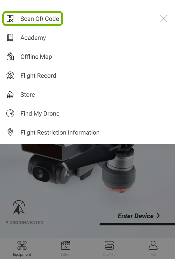 Scan QR Code option highlighted in app menu.