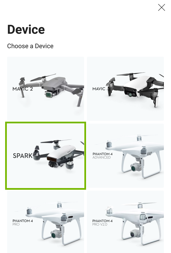 Spark drone highlighted on selection screen.