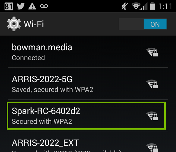 Android Wi-Fi list with Spark RC highlighted. Screenshot