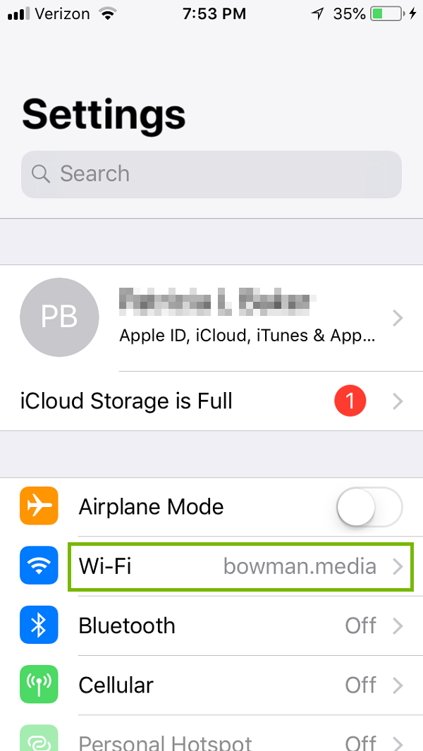 Settings menu with Wi-Fi listed. Screenshot