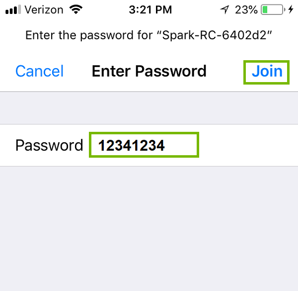 Wi-Fi password entry with Join highlighted. Screenshot