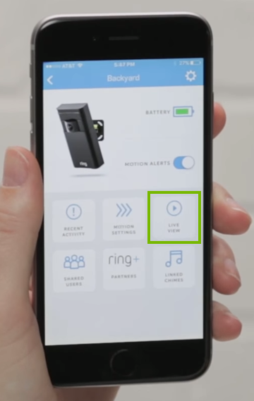 Live View option highlighted in Ring mobile app.