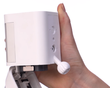 Mounting ball socket installed pointing downward on rear of Ring camera.