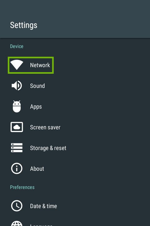 Settings menu with Network highlighted.