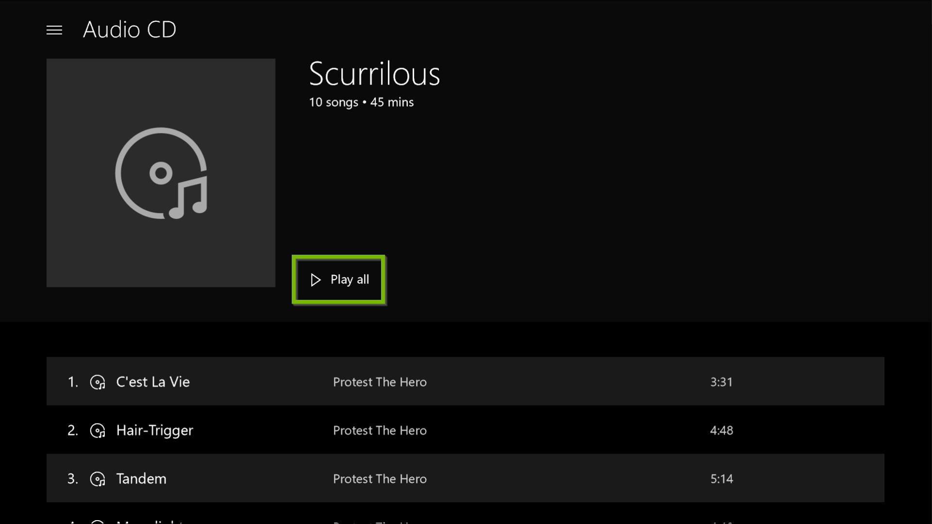Groove Music app displaying an audio CD to be played.