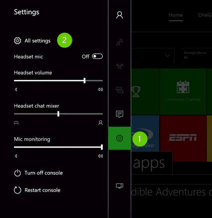 Xbox one menu showing All settings and the settings cog.