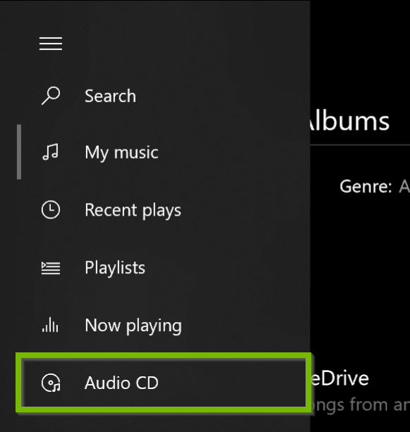 Groove Music my music menu with audio CD highlighted.