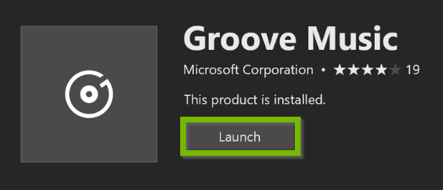 Groove Music app page with Launch highlighted.