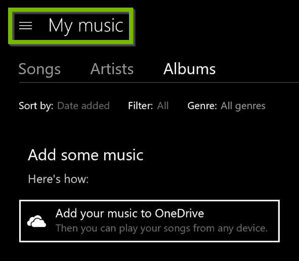 Groove Music app with My Music highlighted.