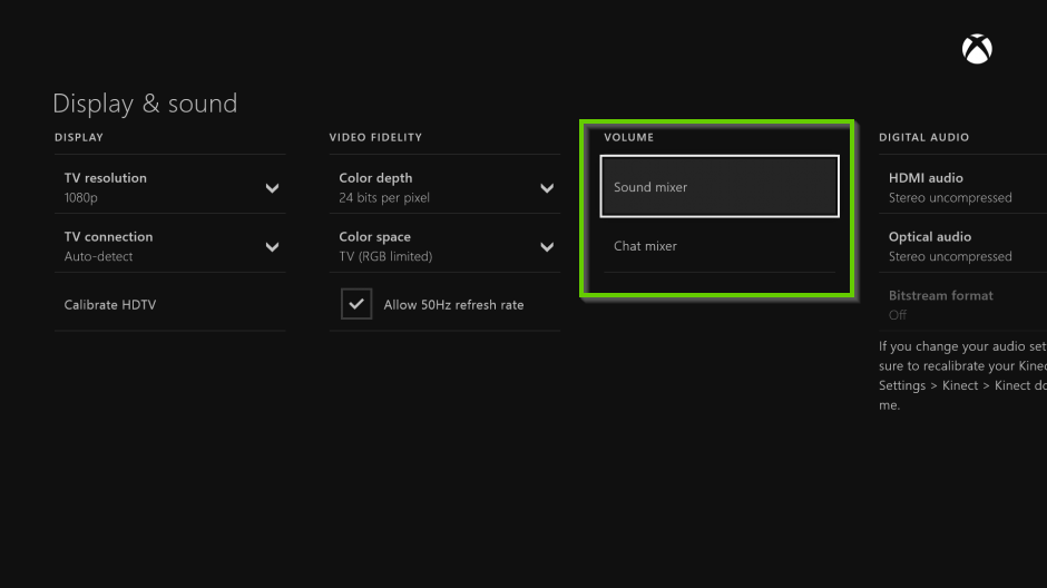 Xbox one menu showing volume.