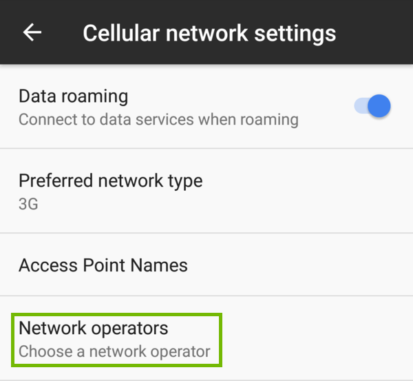 Cellular network settings with Network Operators highlighted.
