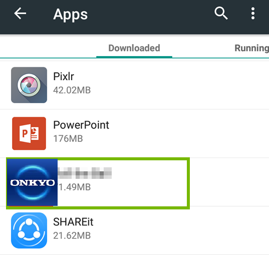 Android app settings page showing onkyo icon.