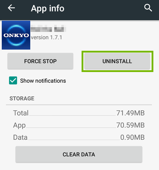 Onkyo remote app settings showing uninstall highlighted