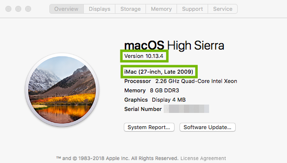 About This Mac with version and model highlighted.