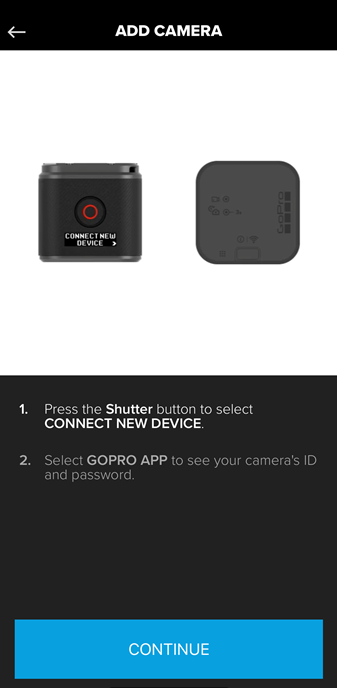 Screenshot of the GoPro app displaying instructions on how to connect your camera with the GoPro app.