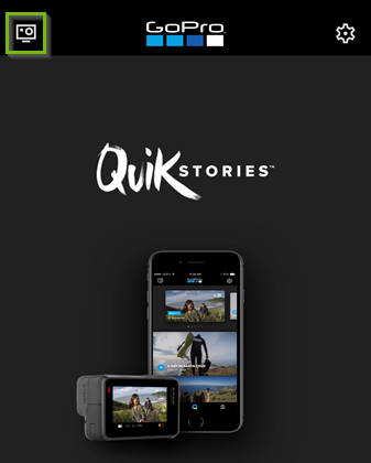 Screenshot of the GoPro app highlighting the camera icon in the upper-left corner.