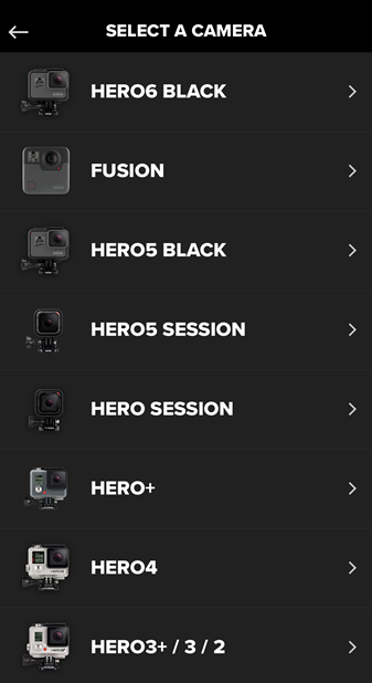 Screenshot of the GoPro app displaying a list of available GoPro devices.
