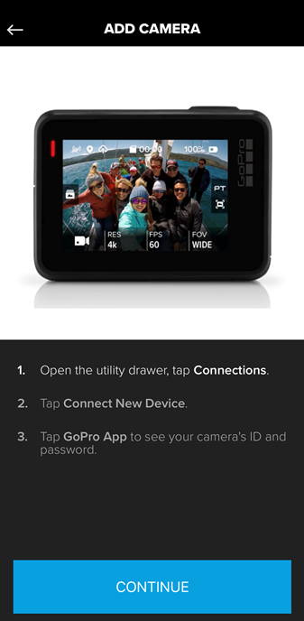 Screenshot of the GoPro app displaying instructions on how to connect your GoPro camera with the app.