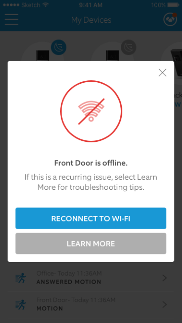 Mobile app showing device is offline