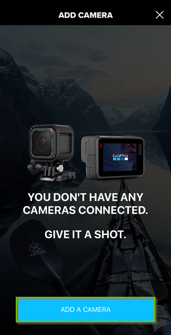 Screenshot of the GoPro app with the add a camera button highlighted.