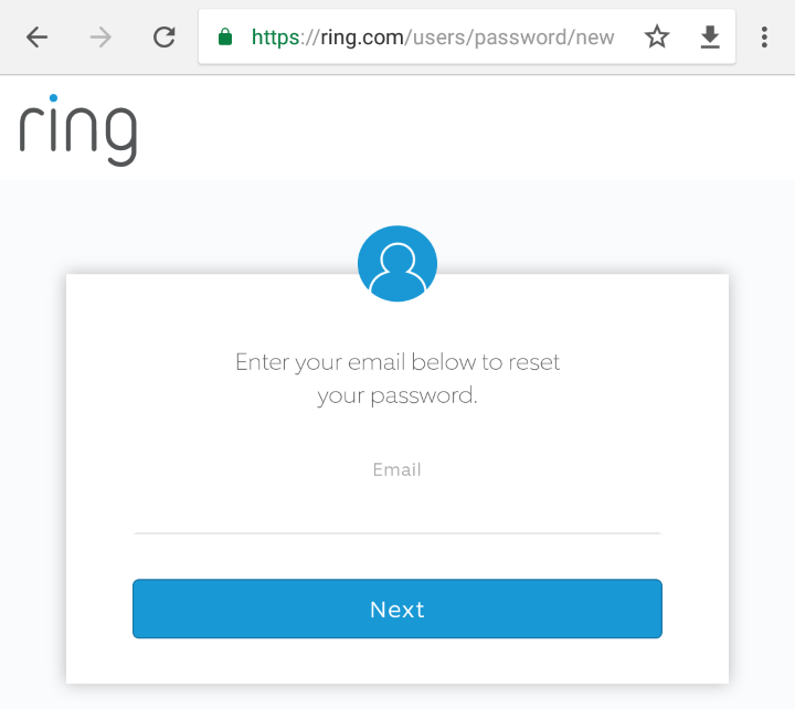 Ring account password reset webpage