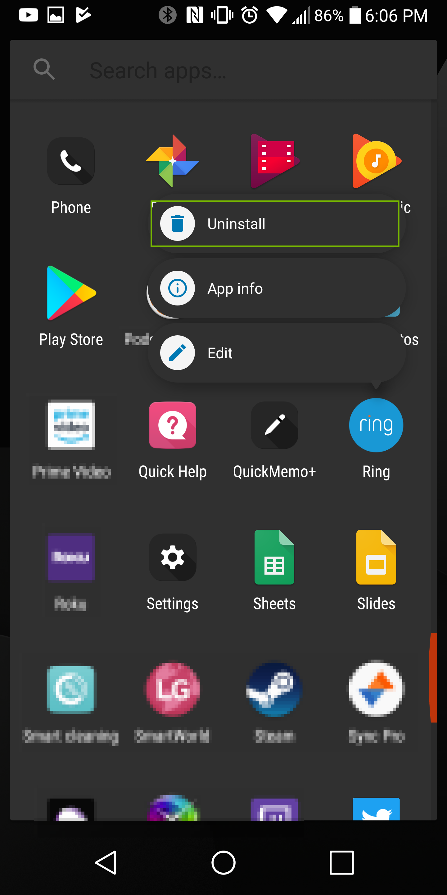 Android screen with uninstall option highlighted