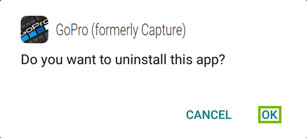 Screenshot of the android confirm uninstallation screen with the OK option highlighted