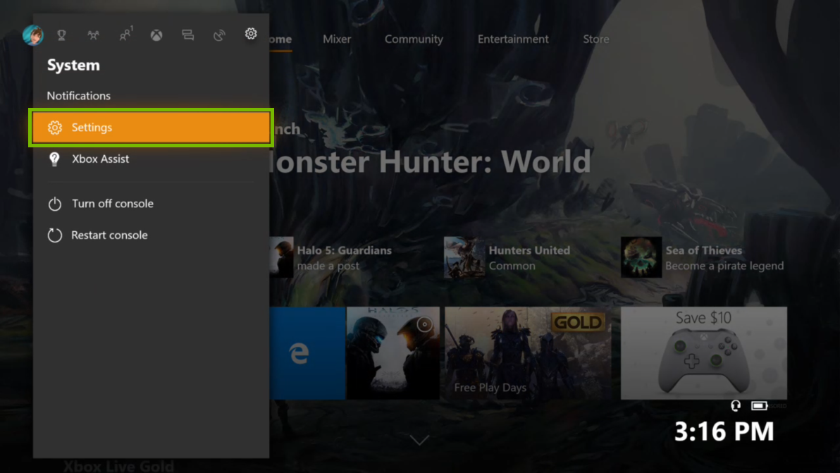 System menu with Settings selected. Screenshot.