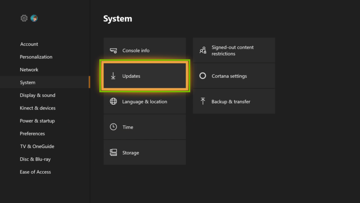 System settings with Updates menu selected. Screenshot.