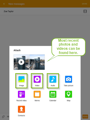 Attachment selection screen with the most recent photos will be shown first. Screenshot.
