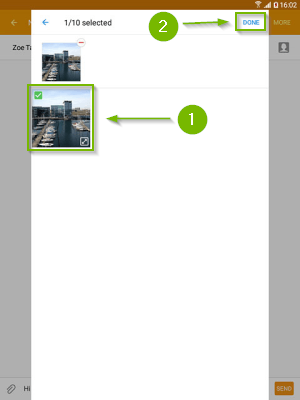 A photo selected on the media selection screen with Done button selected. Screenshot.