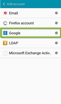 Account type screen with Google selected. Screenshot.