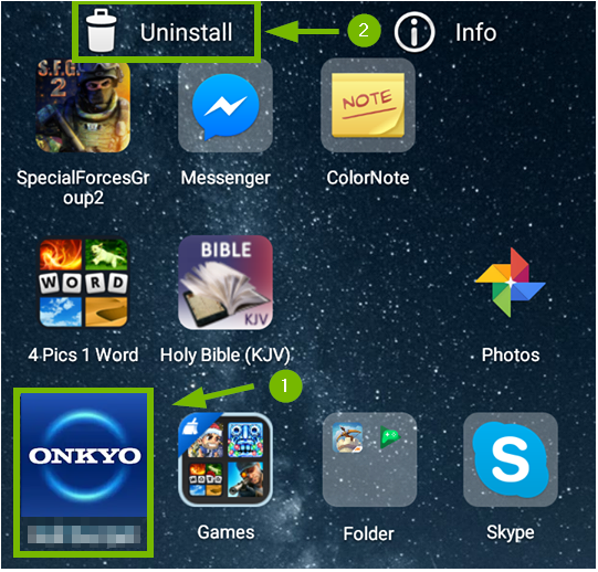 Android screen showing the uninstall tab and the onkyo icon.